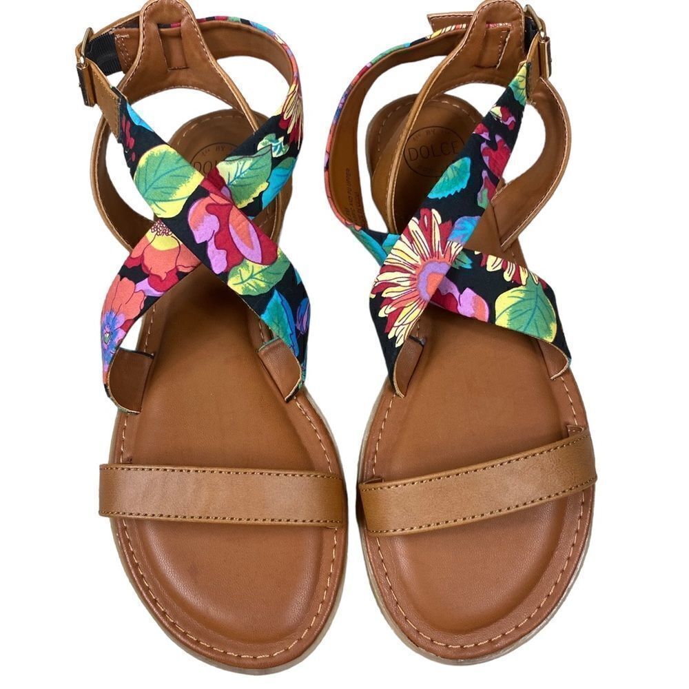 DOLCE by Mojo Moxy Wm’s Sz 8.5 Floral Ankle Buckle Strap Flat Sandals Shoes